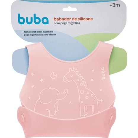 Babador De Silicone Com Pega Migalhas Rosa ou Azul Fecho Com Botoes