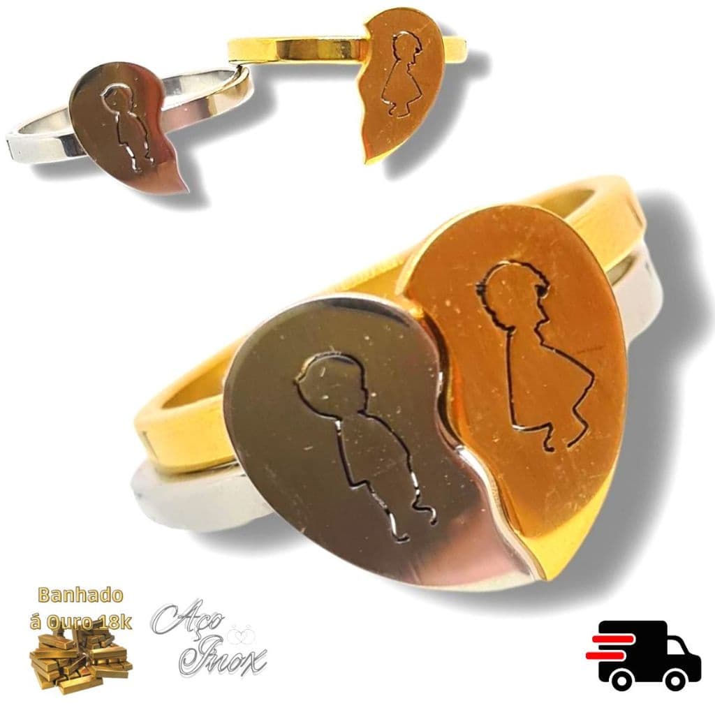 Aliança Namoro Anel Namoradinhos Banhado a Ouro 18k Dourado e Prateado Aço Inox Original Premium