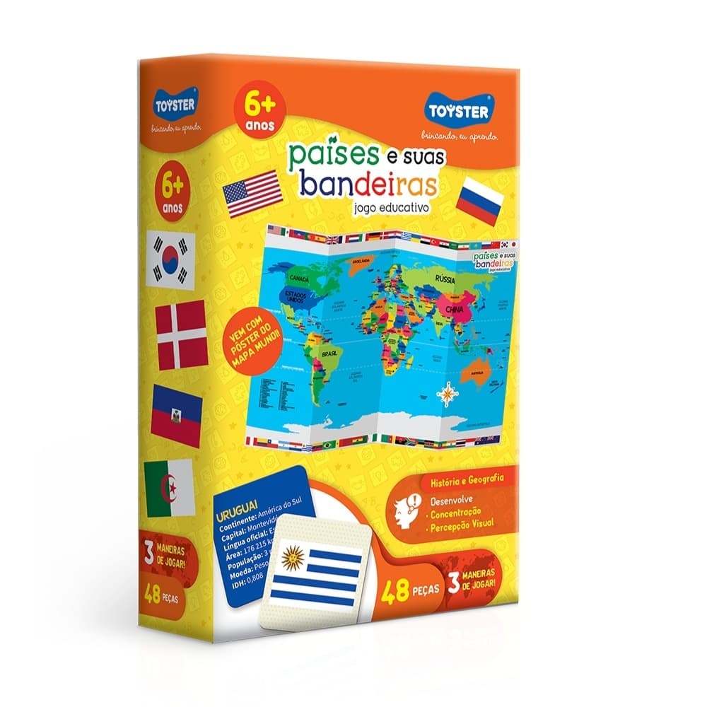 JOGO EDUCATIVO PAÍSES E SUAS BANDEIRAS 48 PEÇAS TOYSTER BRINQUEDO INFANTIL EDUCATIVO GEOGRAFIA MAPA