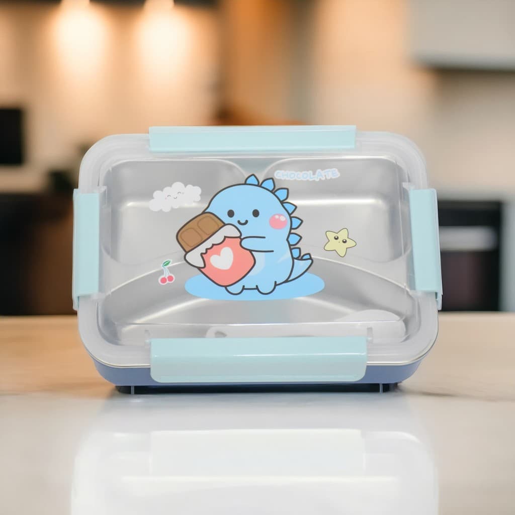Marmita Térmica Infantil Aço Inox 3 Compartimentos + Colher Prática e Antivazamento