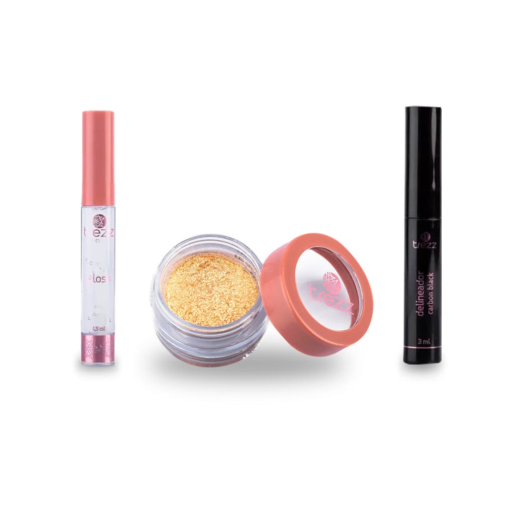 Kit Pigmento Shimmer Gold e Delineador Ultra Fino + Gloss Ai Sim