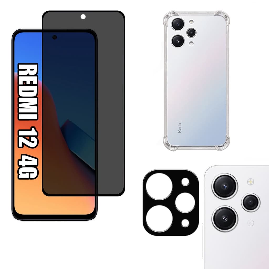 KIT Para Xiaomi Redmi 12 4G | Película de Privacidade 3D - Capa Capinha Anti Shock - Película da Câmera 3D