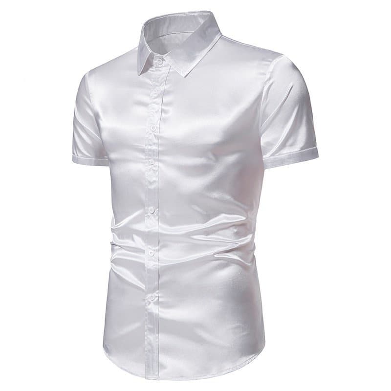 Camisas masculinas de cetim de seda branca, manga curta, smoking casual, botão baixo, festa, casamento, verão, nova marca, 2023 GETL