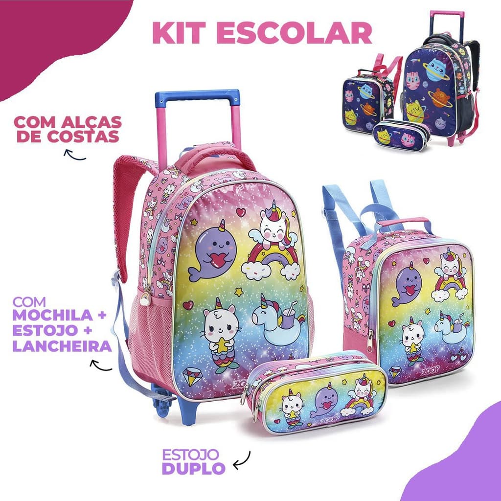 Kit Mochila de Rodinhas + Lancheira +Estojo Duplo Zoop Escolar Infantil