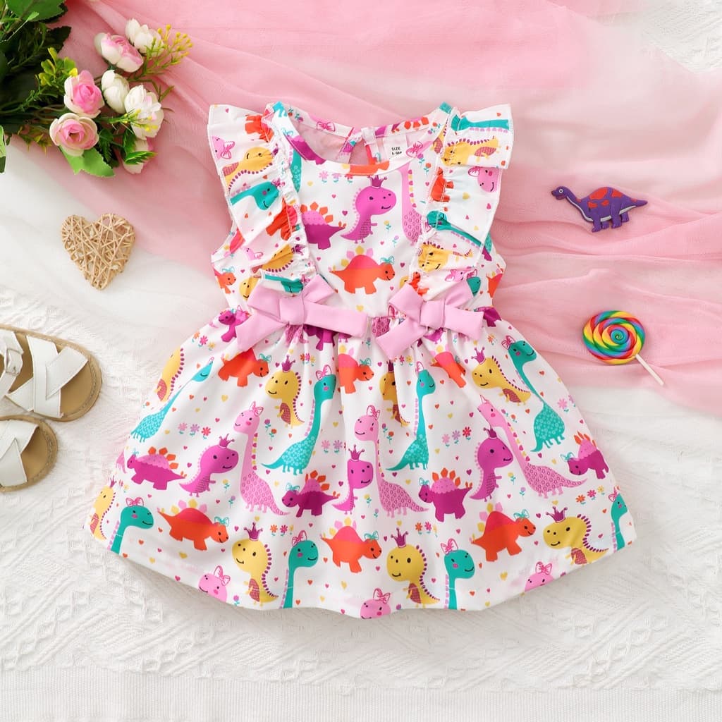 Vestido Para Menina 0-3Anos Dinossauro Toddler Baby Girl Impressão Ruffle Sem Mangas Moda Fofinha Wear Roupa Fotográfica