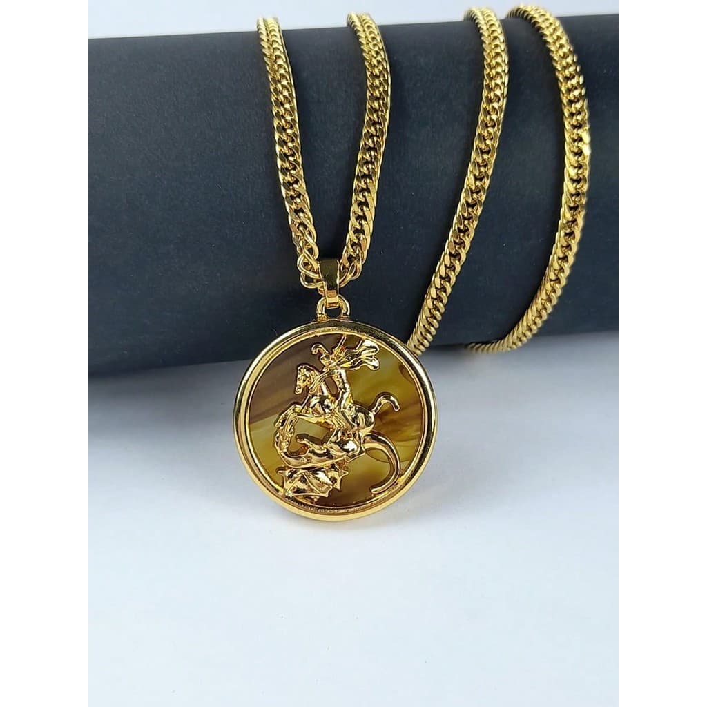 Cordão Masculino Corrente Elo Duplo Com Pingente Medalha São Jorge Alto Relevo Banhada Ouro 18k c2