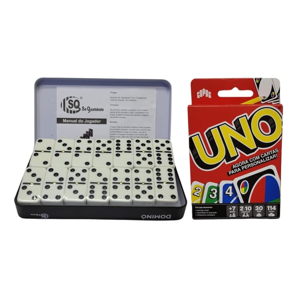 Kit Dominó Profissional + Estojo 28 Pedras Grande 10mm + Uno Original 114 Cartas e Personalizada