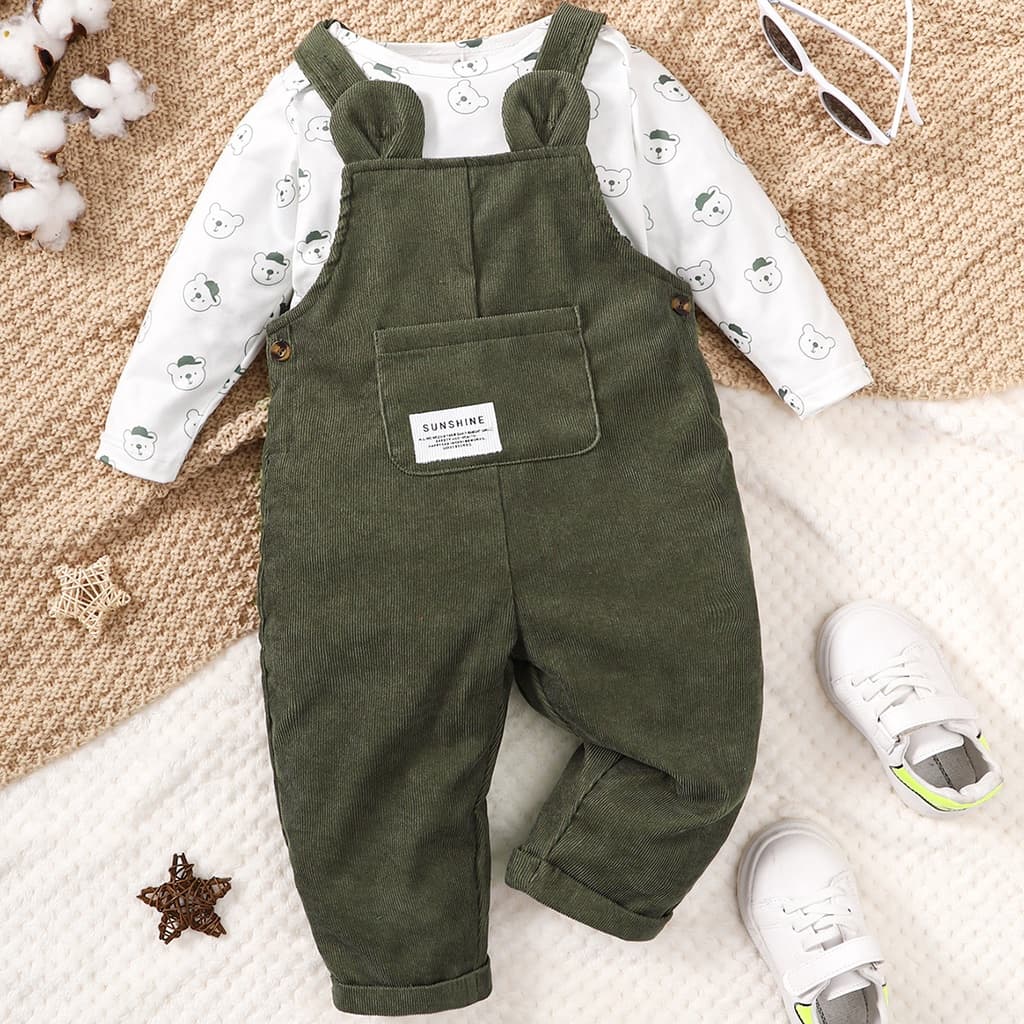 Conjunto Maiô Bebê Menino 3-24 Meses, Estampa Urso, Cor Sólida, 2 Peças, Roupa de Outono Estilosa