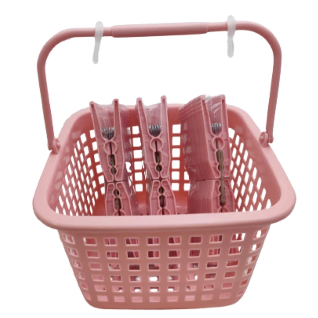 Kit Cesto Alça e Gancho com 36 Prendedores Pregadores de Roupas Lavanderia Varal Rosa