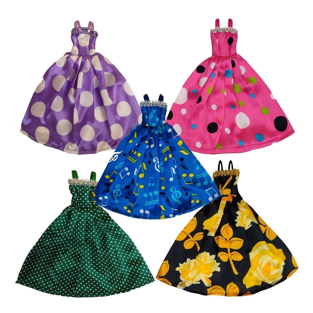 5 Vestidos Longos de Princesa Roupa Cetim C/ Alça P/ Bonecas - Sheilinha