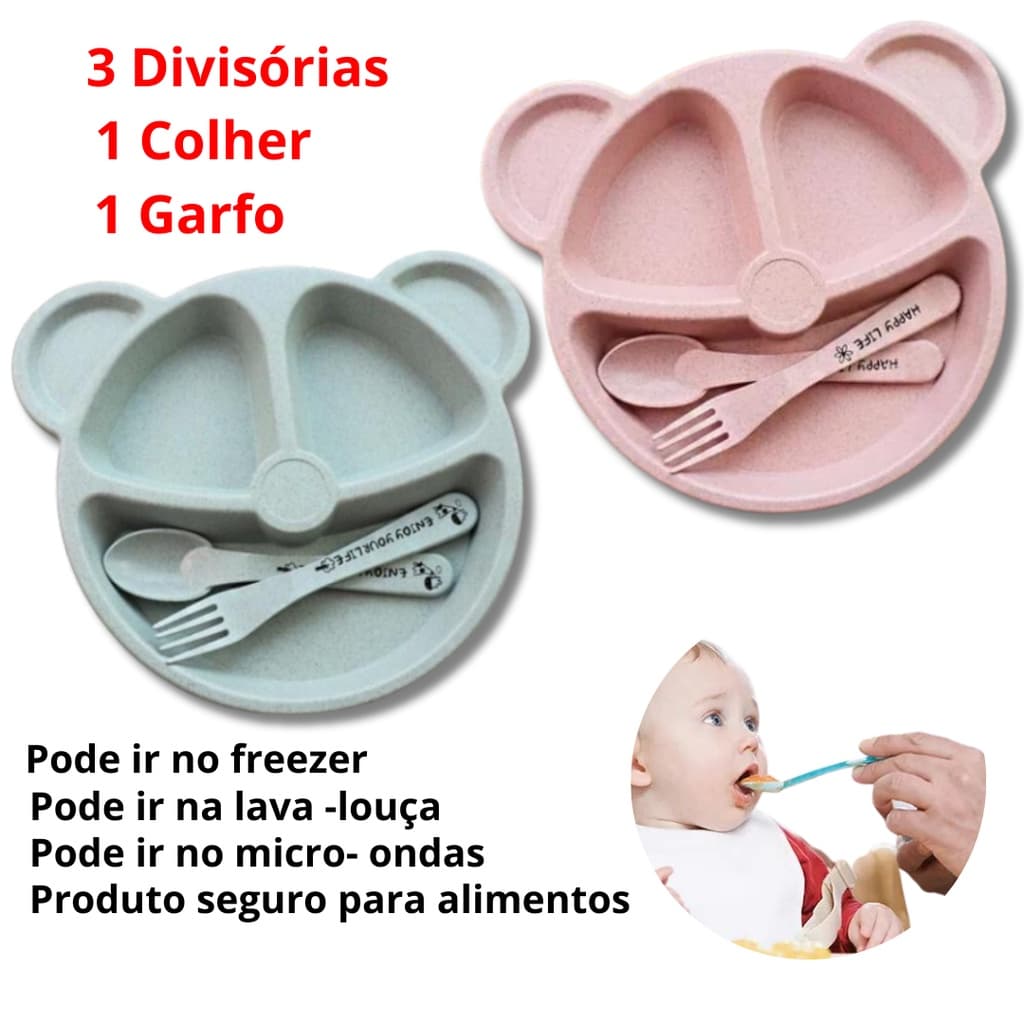 prato infantil urso com Divisórias + talheres de plastico papinha criança pratinho de urso