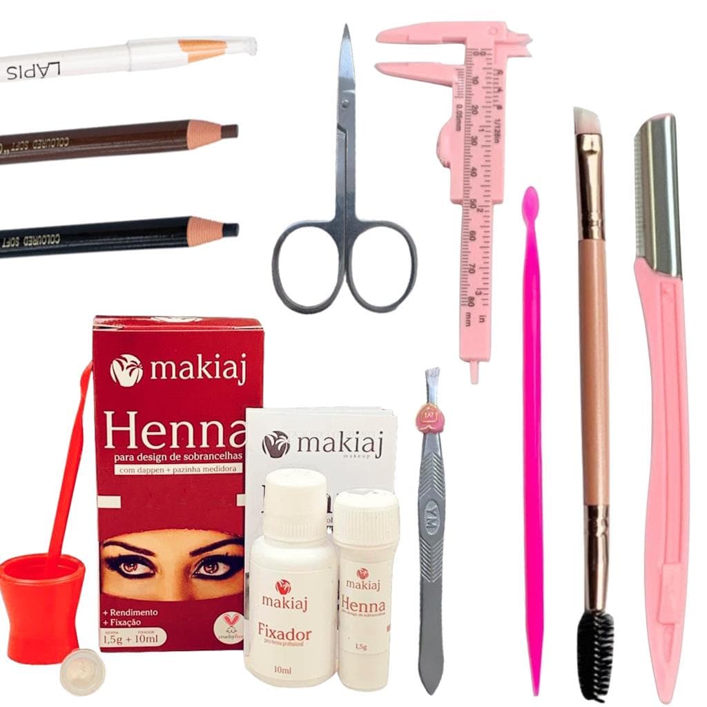 kit sobrancelha henna makiaj profissional completo 3 lapis tesoura pinca palito pincel paquimetro navalha