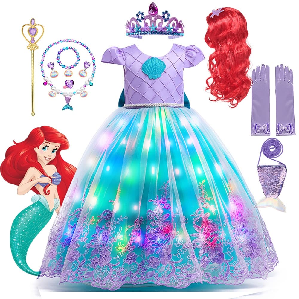 Q50 Roupa De Bola De Sereia Para Menina Vestido LED Iluminar Ariel Cosplay De Festa De Aniversário Crianças Princesa De Luxo