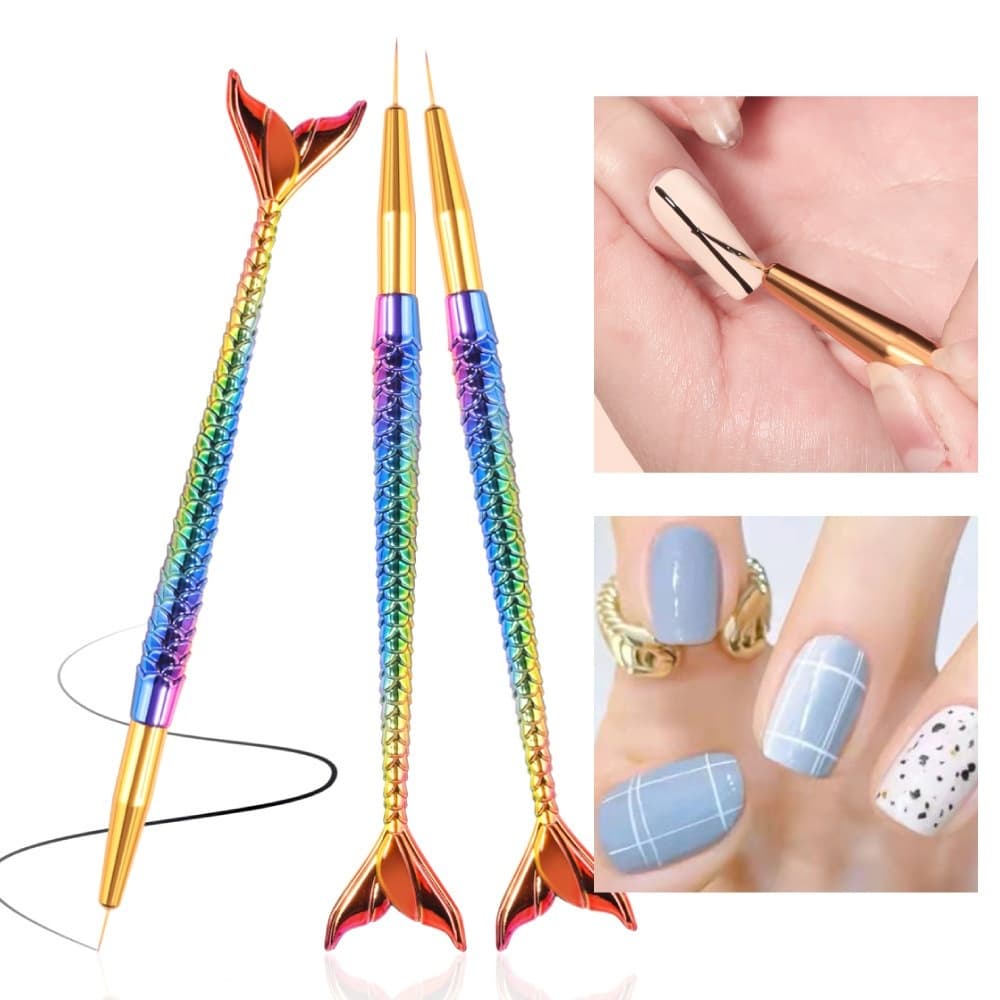 Kit 3 Pincel Filete Sereia Nail Art Desenho Decoração de Unhas Gel Manicure Profissional