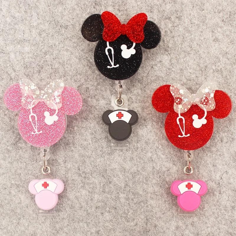 Carretel De Crachá Colorido Estilo Minnie Brilhante Girar , Enfermeira , Trabalhadores Porta-Identificador Cartões Retrátil , Acessório