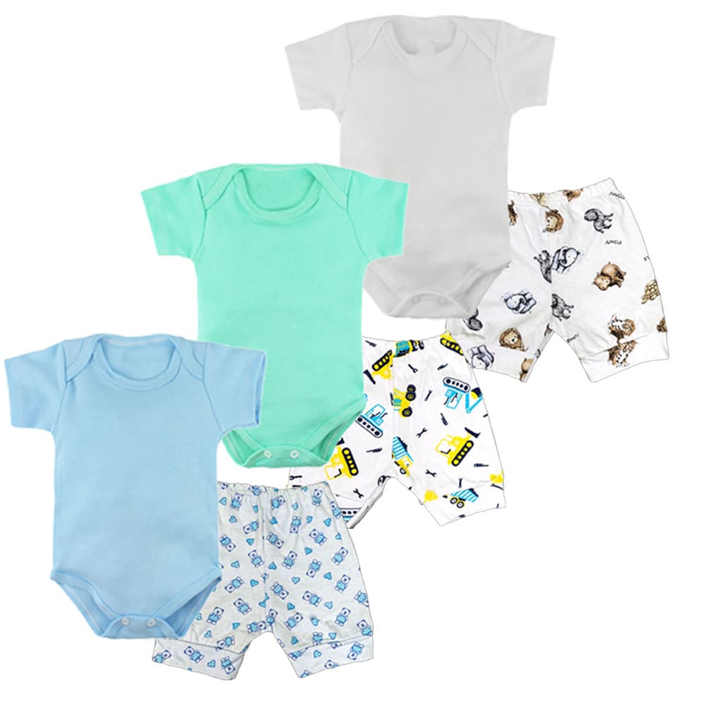 Kit Enxoval Verão 6 Peças Body Manga Curta e Short Estampado