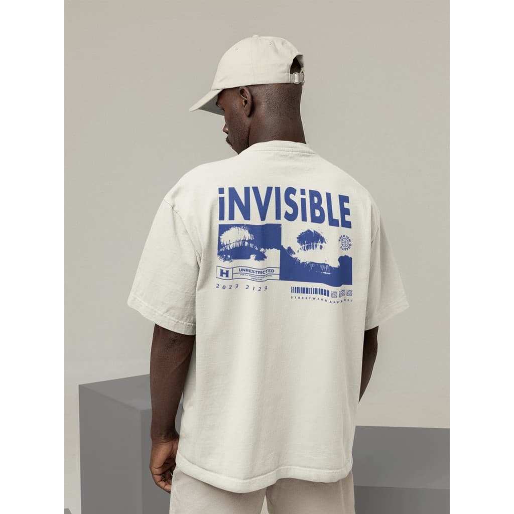 Camisa Camiseta Oversized Gola Alta Streetwear Masculino e Feminino 100% Algodão Preto e Off Whte Estampado - INVISIBLE