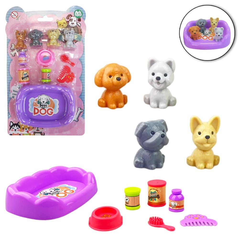 KIT BRINQUEDO PET CACHORRINHOS EM MINIATURA + ACESSÓRIOS