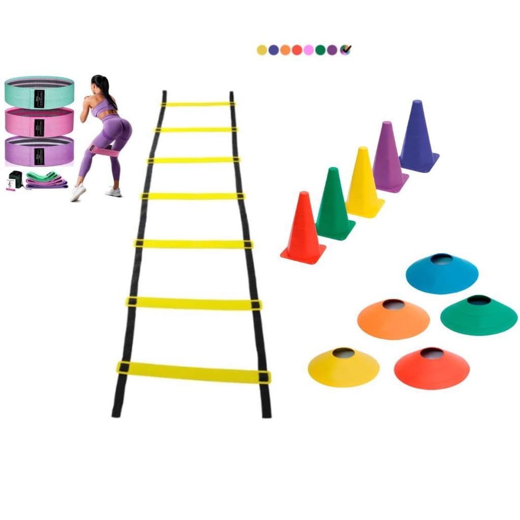 Kit Funcional Treino Agilidade Escada 7 Degraus 5 Cones 5 Chapéus Chinês Hip Band 3 Faixas Elasticas