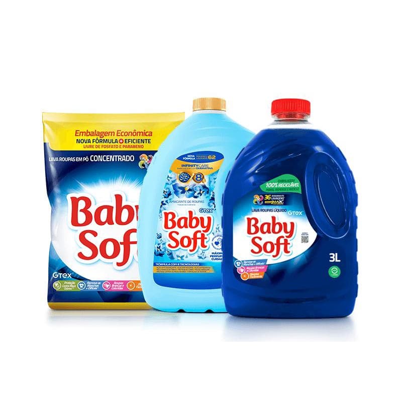 Lava Roupas Pó Baby Soft Concentrado 4KG + Amaciante Baby Soft Toque Carinho 5L + Lava Roupas Liquido Baby Soft Max Performance - Azul 3L