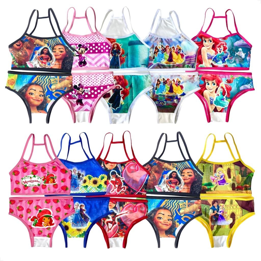 Kit 10 Conjunto Infantil Menina Moça Top e Calcinha Personagens Desenhos Sublimado