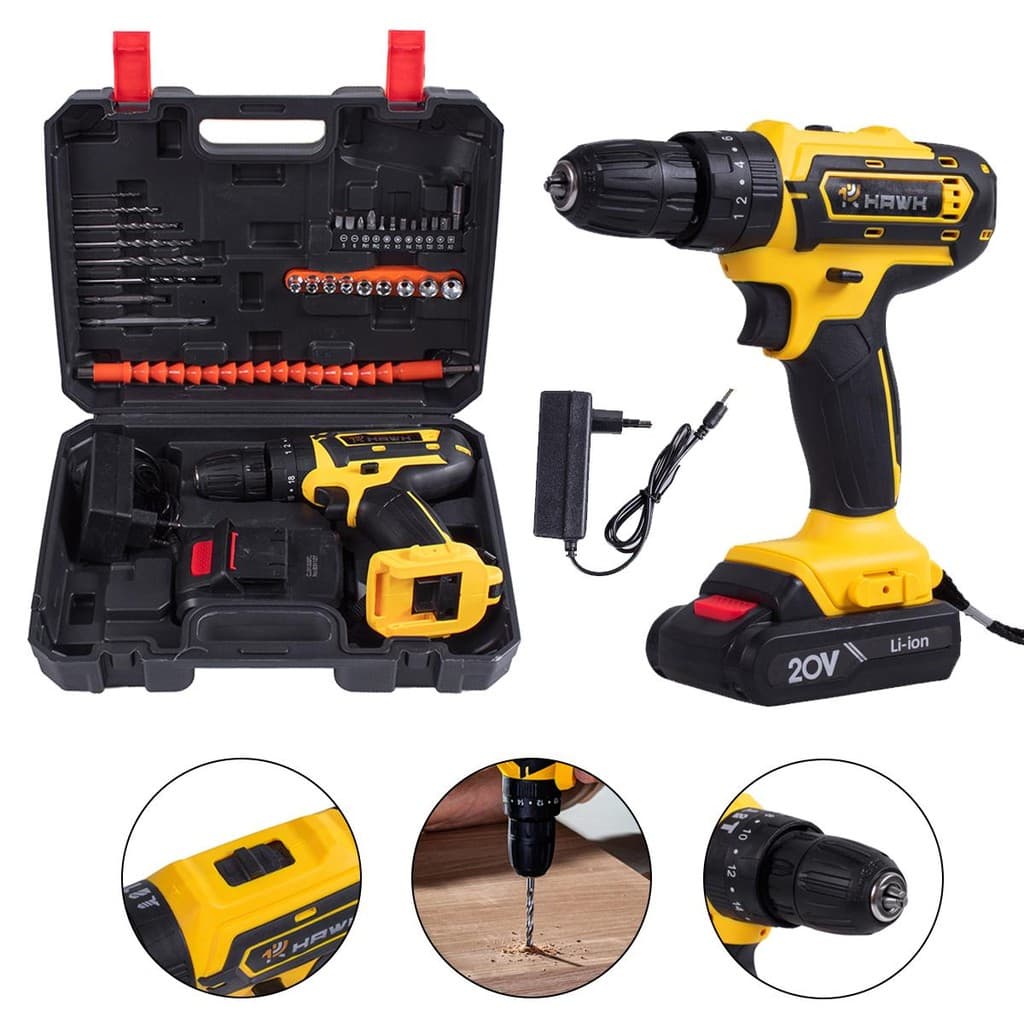 Parafusadeira com furadeira impacto 20V Li-Ion 1.5Ah 3/8" Bivolt Hawk C/ 3 FUNÇÕES