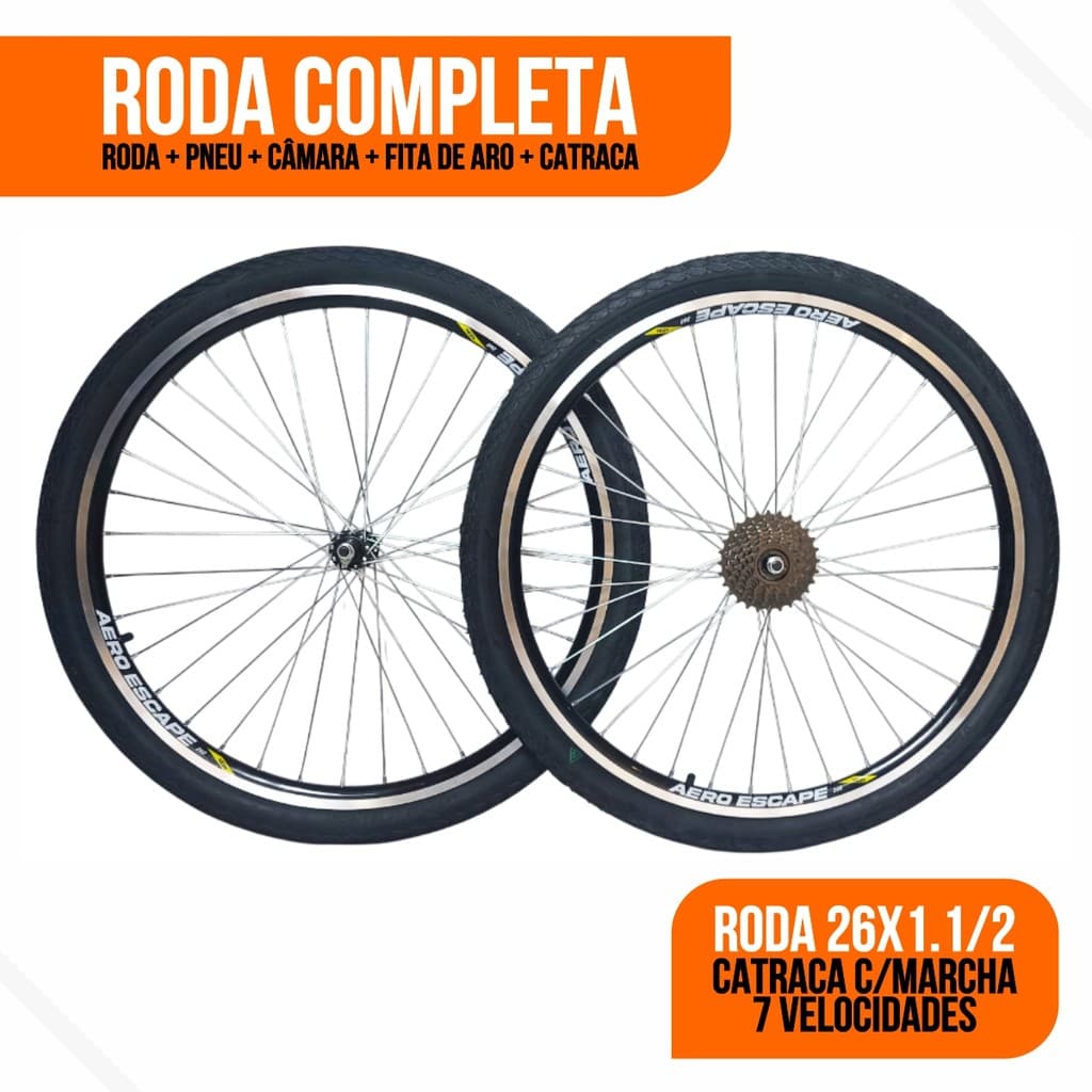 Roda Completa 26x1.1/2 Raio Grosso/Cubo Aço Aero Vzan C/ Pneus Fusion/Kenda e Camara Kenda + Catraca