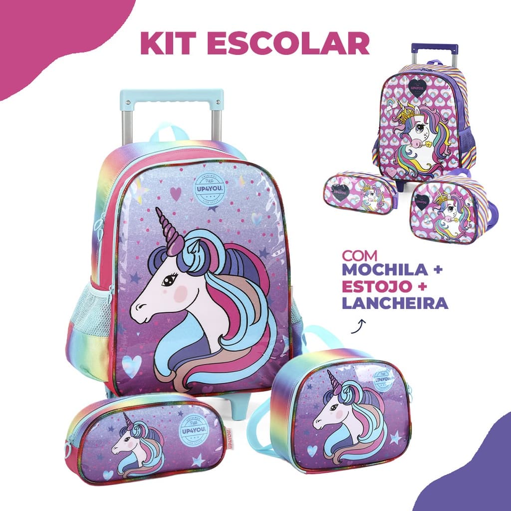 Kit Mochila de Rodinhas + Lancheira + Estojo Unicórnio Poney Escolar Infantil Teen Feminina
