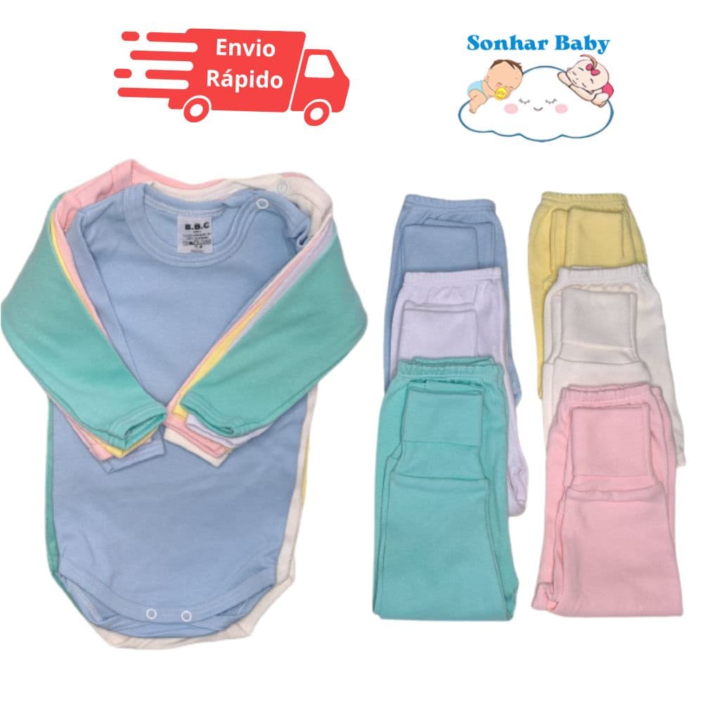 Body e calça Bebê 6 Peças Antialérgico Conjunto Pagão Longo 100% algodão - 3 Bodys e 3 Calças