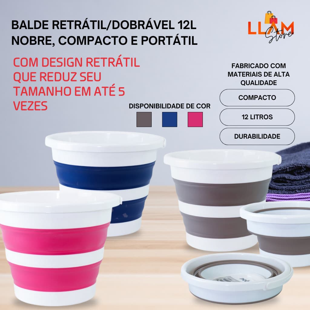 Balde Retrátil/Dobrável 12L Nobre, Compacto e Portátil