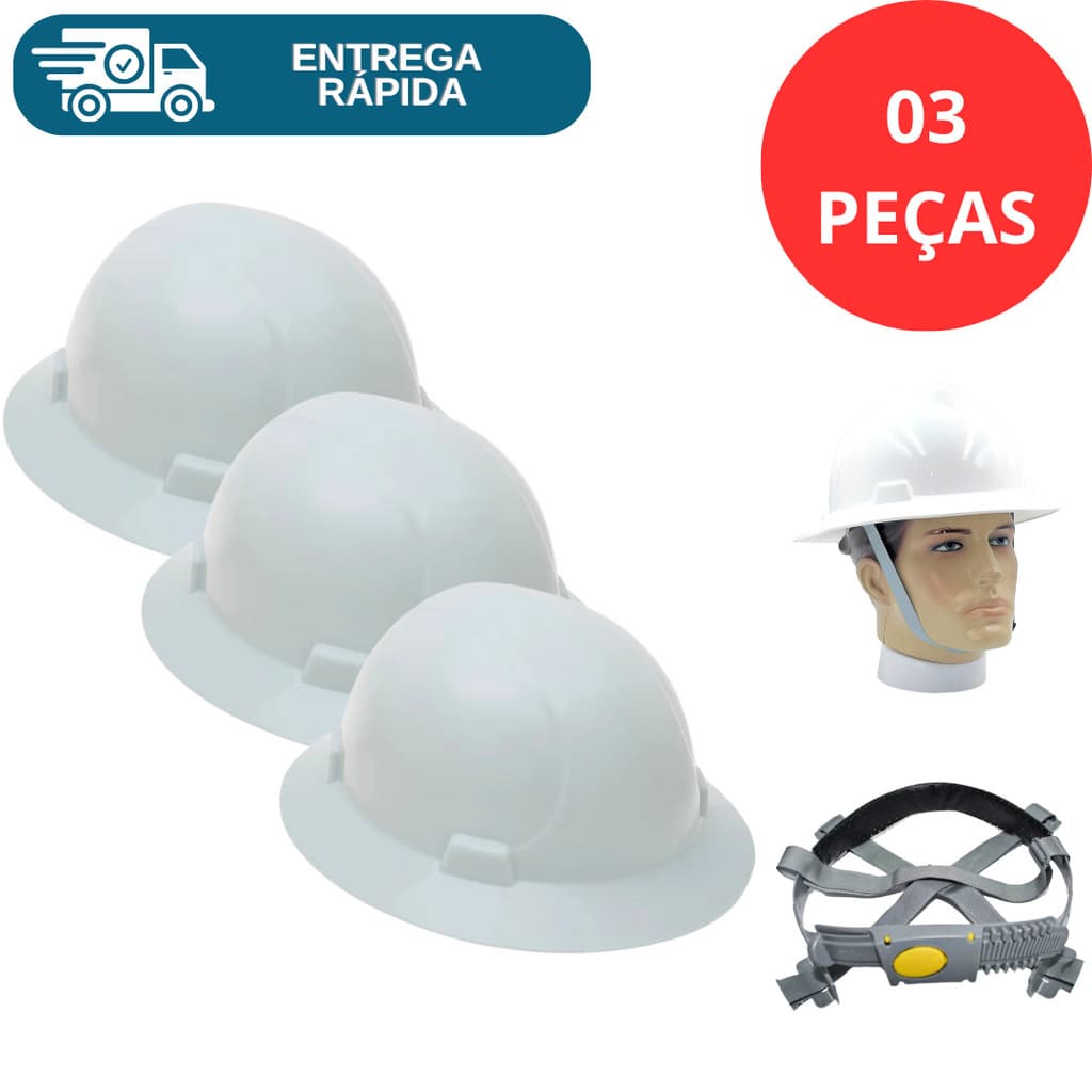 Kit 3 Capacete De Segurança Aba Total C/ Jugular Eletricista  Engenheiro Obra Proteção Trabalho Epi