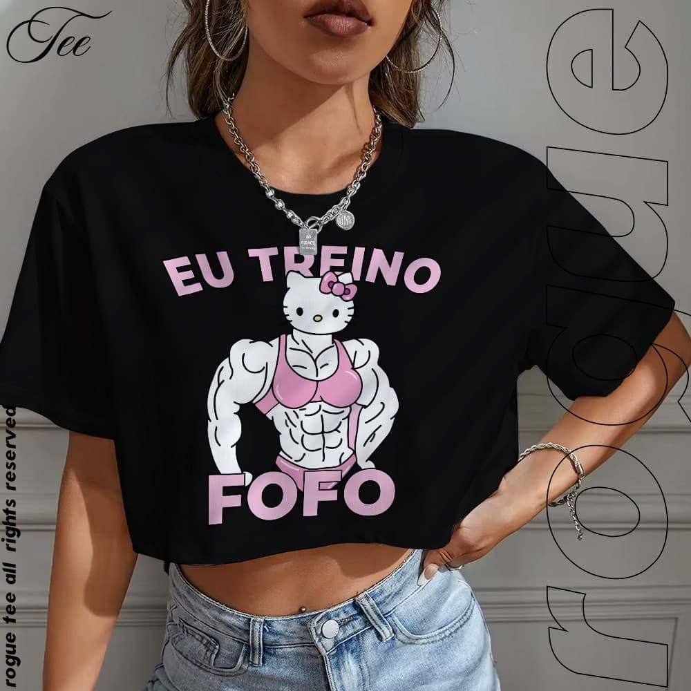Blusa Cropped OVERSIZED Tshirt Eu Treino Fofo Hello Kitty Gym Academia Aesthetic