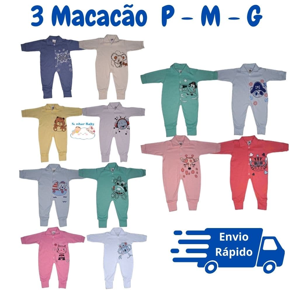 Kit 3 Macacão Longo Bebê BORDADO de Bichinhos pé reversível Menina Menino Suedine 100% Algodão