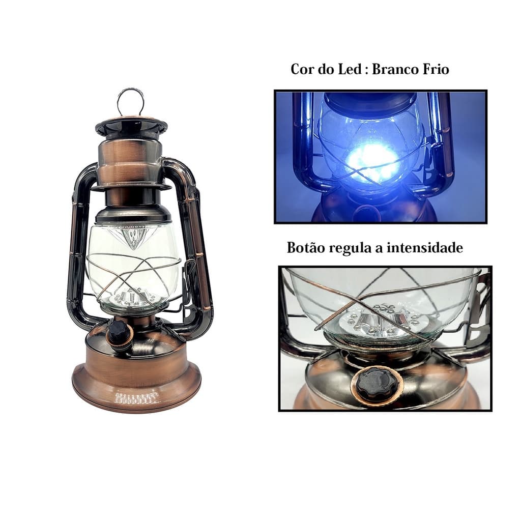 Abajur Lampião a Pilha de Metal Acobreado de Led para Camping Casa Roça Sitio Pesca Decoração de Festa Retro Rustico