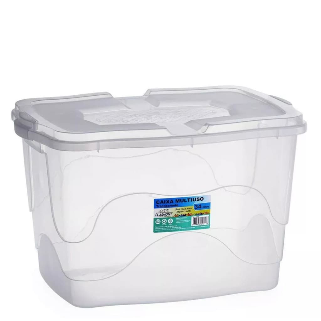 Kit 3 Caixas Organizadoras 34 Litros Transparente Organizador Cesto Multiuso Resistente Com Alça Reforçado