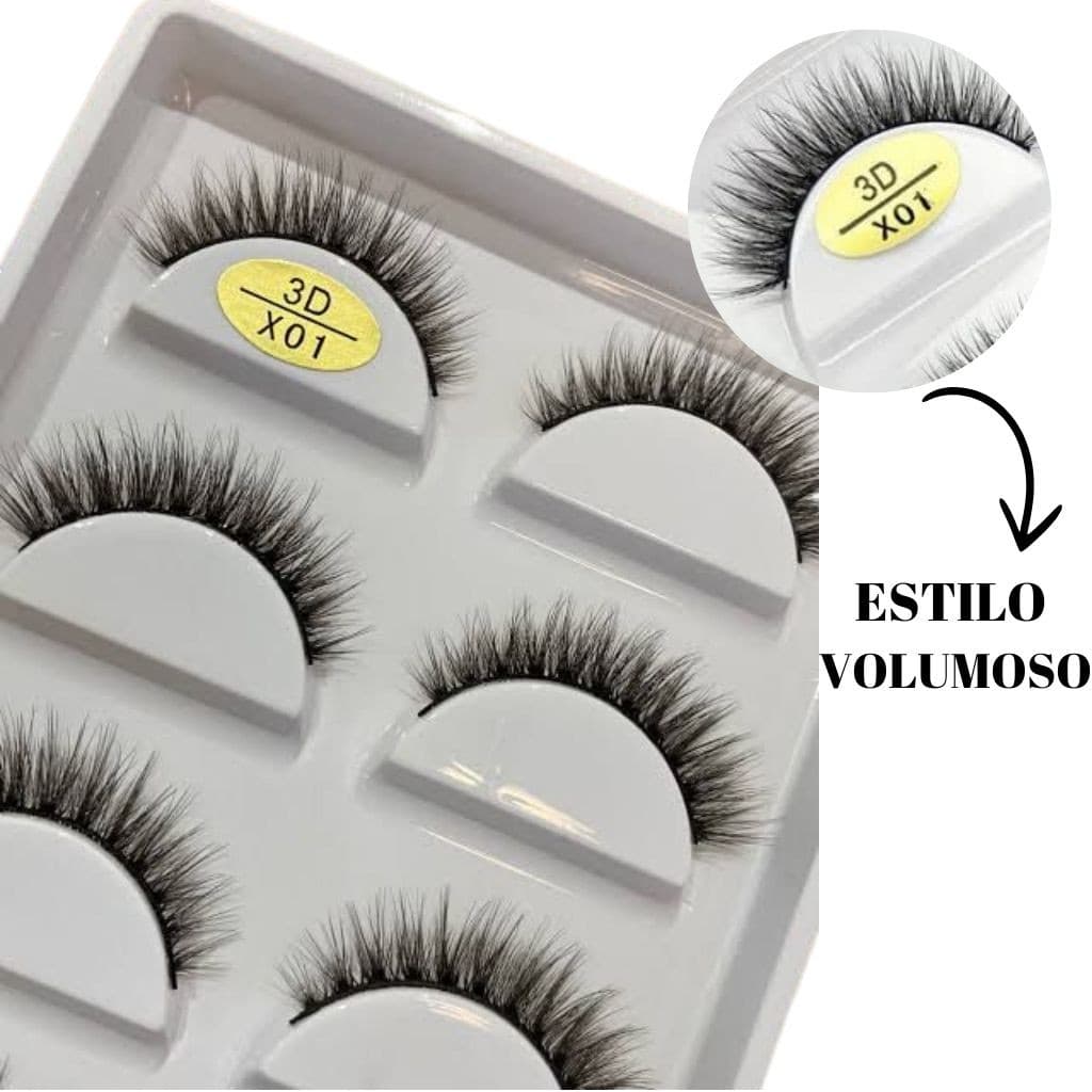 Cartela com 5 Pares de Cílios Postiços 3D X01 Estilo volumoso