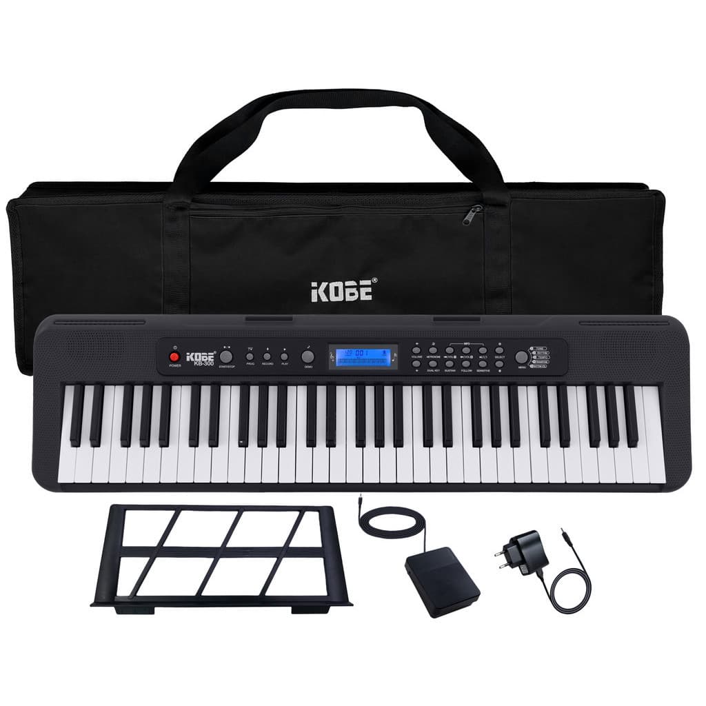 Kit Teclado Musical Kobe KB-300 5/8 61 Teclas Sensitivas Capa e Pedal Sustain