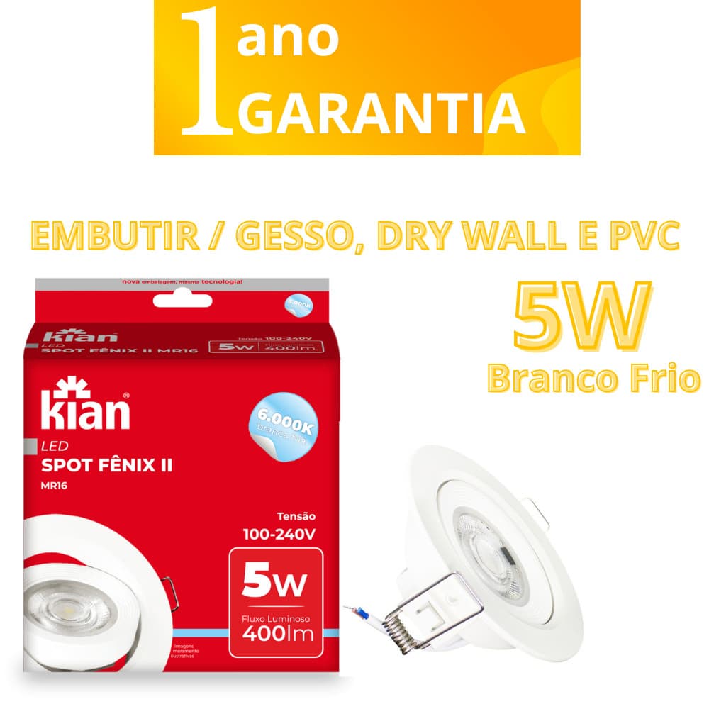 Spot Led Mr16 Redonda 5W 6.000K Branca Fria Bivolt Kian