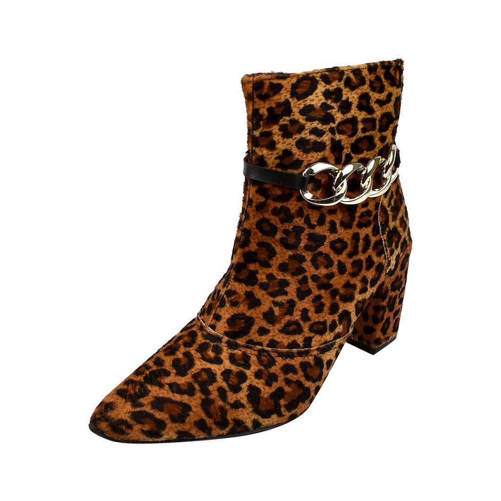 Bota Cano Curto Rosa Chic Calçados Bico Fino Salto Alto Enfeite Corrente Removível Zíper Feminino Onça