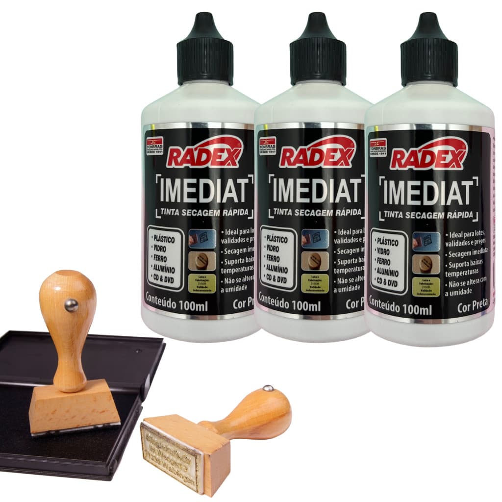 Kit 3 Tinta Radex Para Carimbo Secagem Rápida 100ml Para Plástico E Vidro