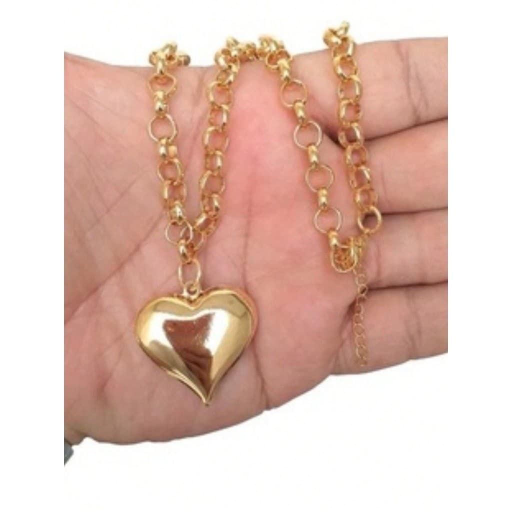 Colar Feminino Choker Elo Português Pingente Coração Folheado