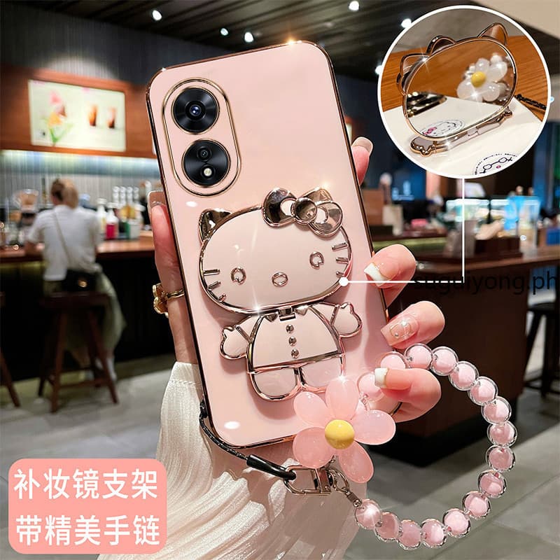 Capa OPPO A78 5G A58 4G A98 A97 A38 A18 A79 5G Kitty Suporte Pulseira Flor Macio Celular