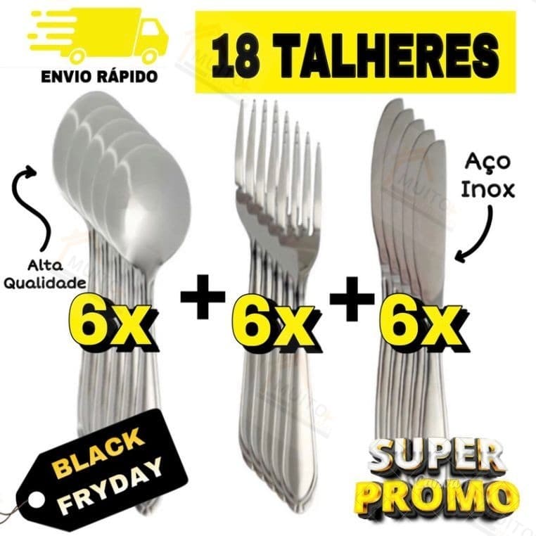 Jogo de Talheres 18 peças Aço Inox 6 Facas 6 Garfos e 6 Colheres de Mesa Restaurante Cozinha Talher