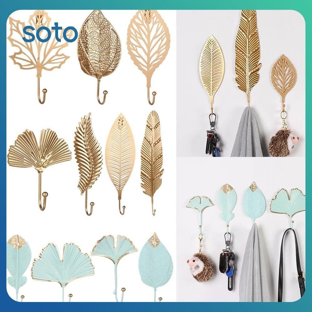 Soto Gancho De Ferro Forjado, Estilo Nórdico, Formato De Folha, Cabide De Parede Dourado/verde, Rack De Armazenamento, Decoração De Casa, Organizador De Gancho De Banheiro