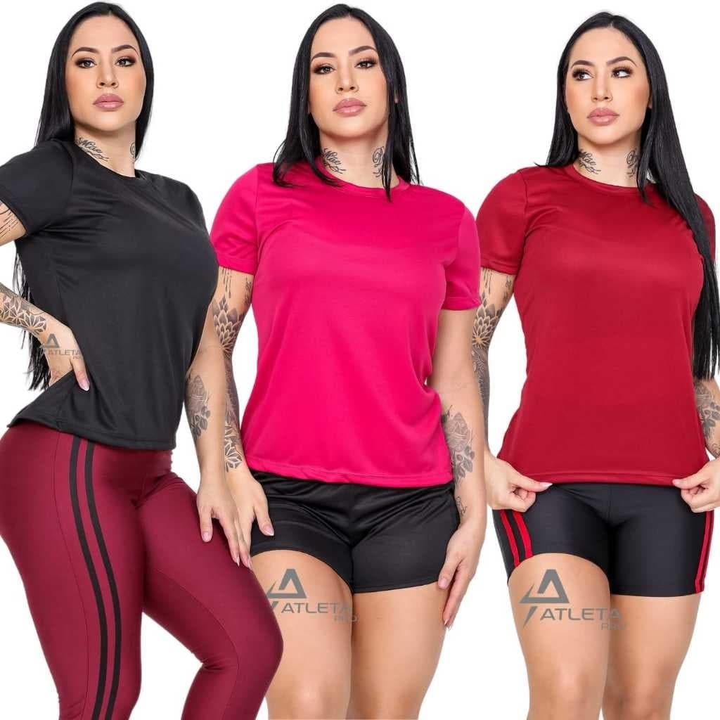 Kit 3 Camiseta Feminina Manga Curta Dry Fitness Para Treino Academia e Corrida