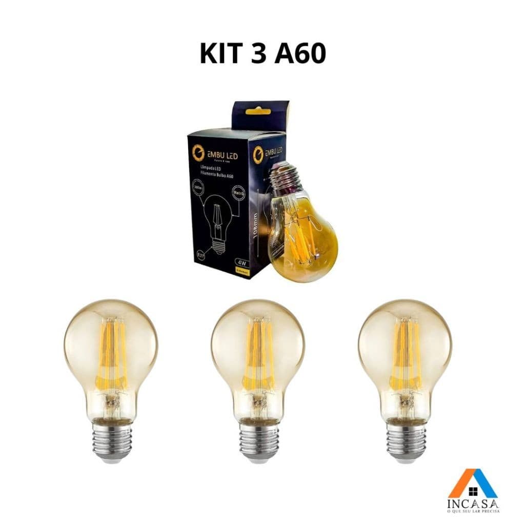Kit 3 Lâmpadas Filamento Led Âmbar A60 4w Branco Quente Bivolt