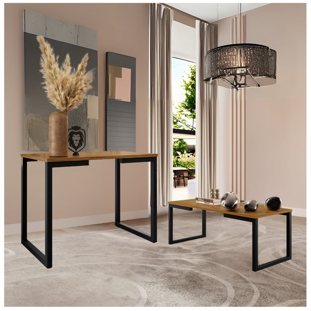 Kit Mesa De Apoio Lateral + Mesa De Centro Estilo Industrial Madeira Metal Aparador Sala Estar Hall