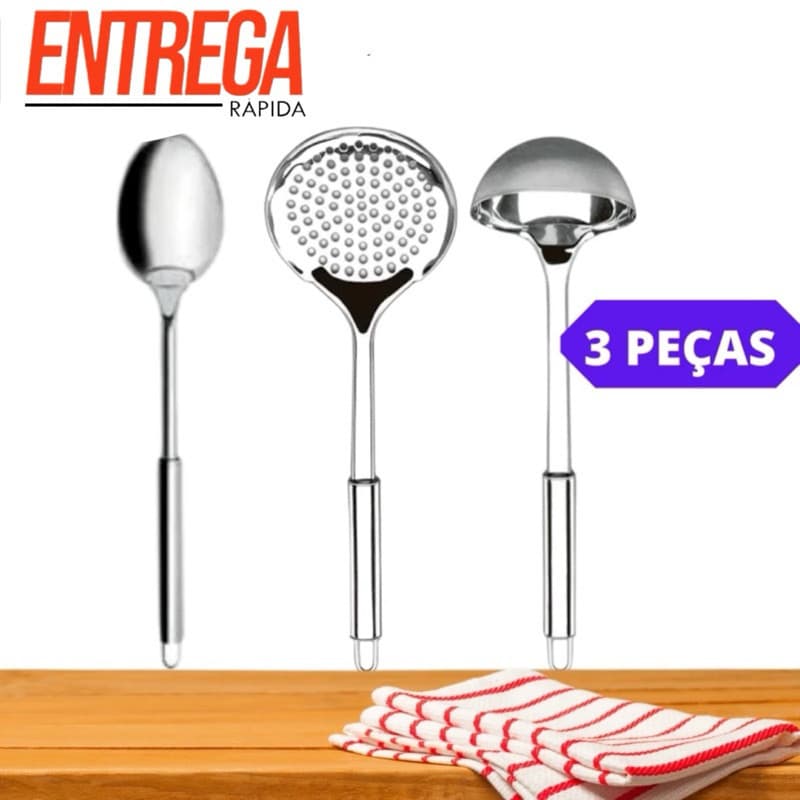 Kit Cozinha Utensílios 3 Peças 100% Aço Inox Colher Escumadeira Concha