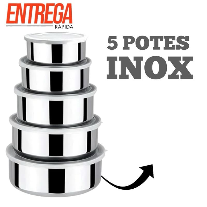 Jogo 5 Potes Tigelas em Aço Inox Alumínio Com Tampa Redondo