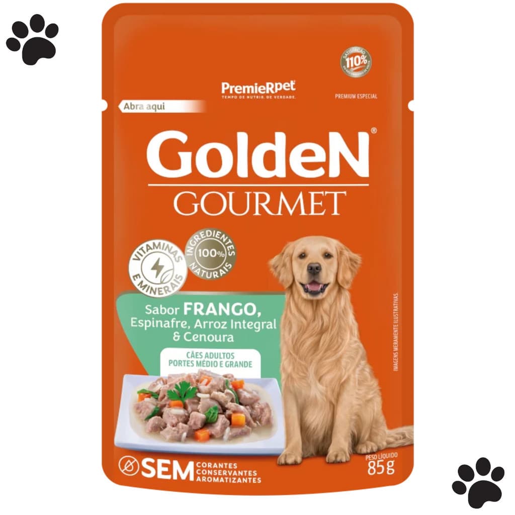 Kit 20 unidades Sachê Golden Gourmet Alimento Cães Adultos Porte Médio Grande Sabor Frango 85g